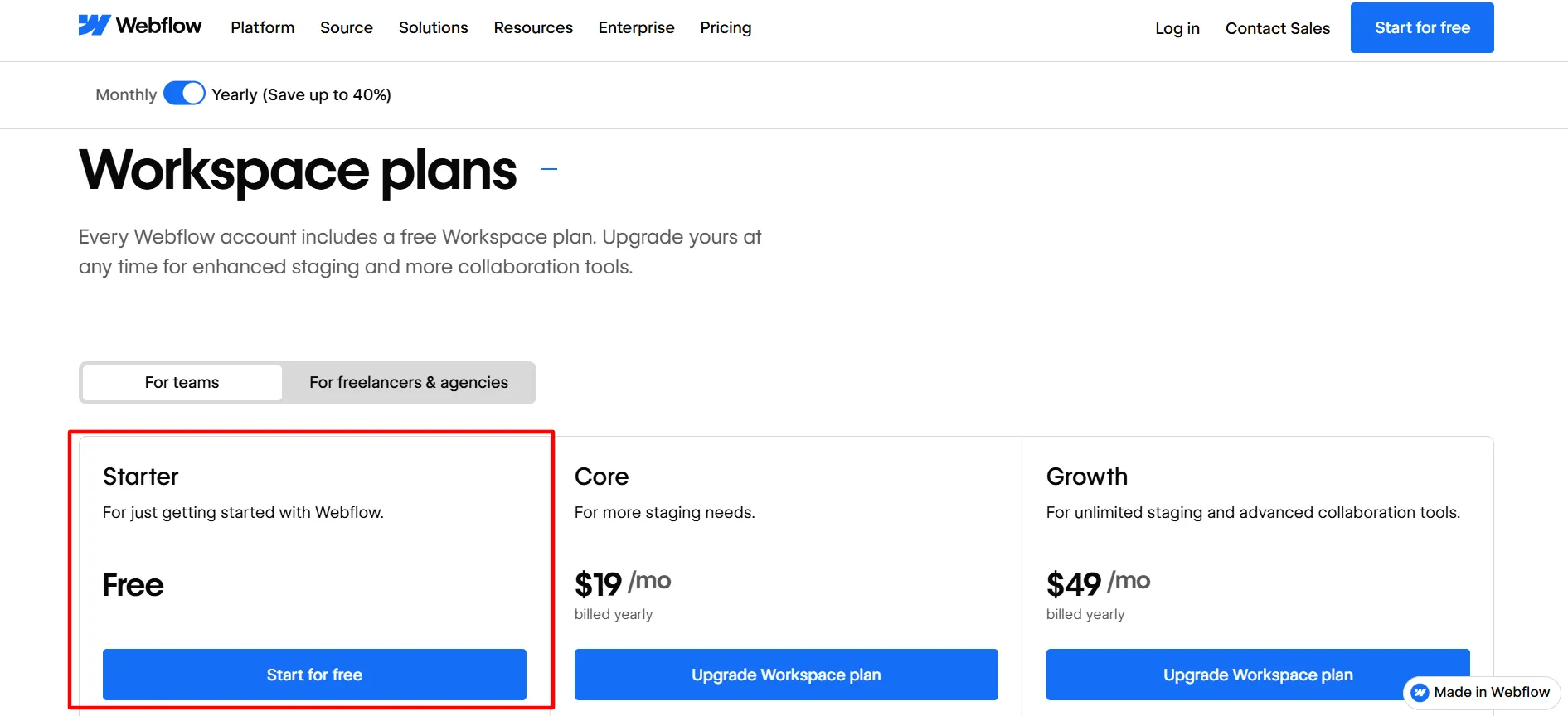 Webflow workspace Starter plan