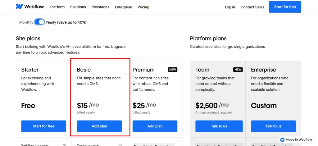 webflow site basic plan