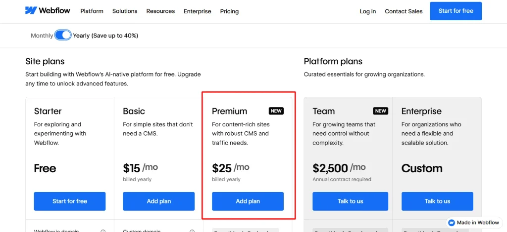 webflow site premium plan
